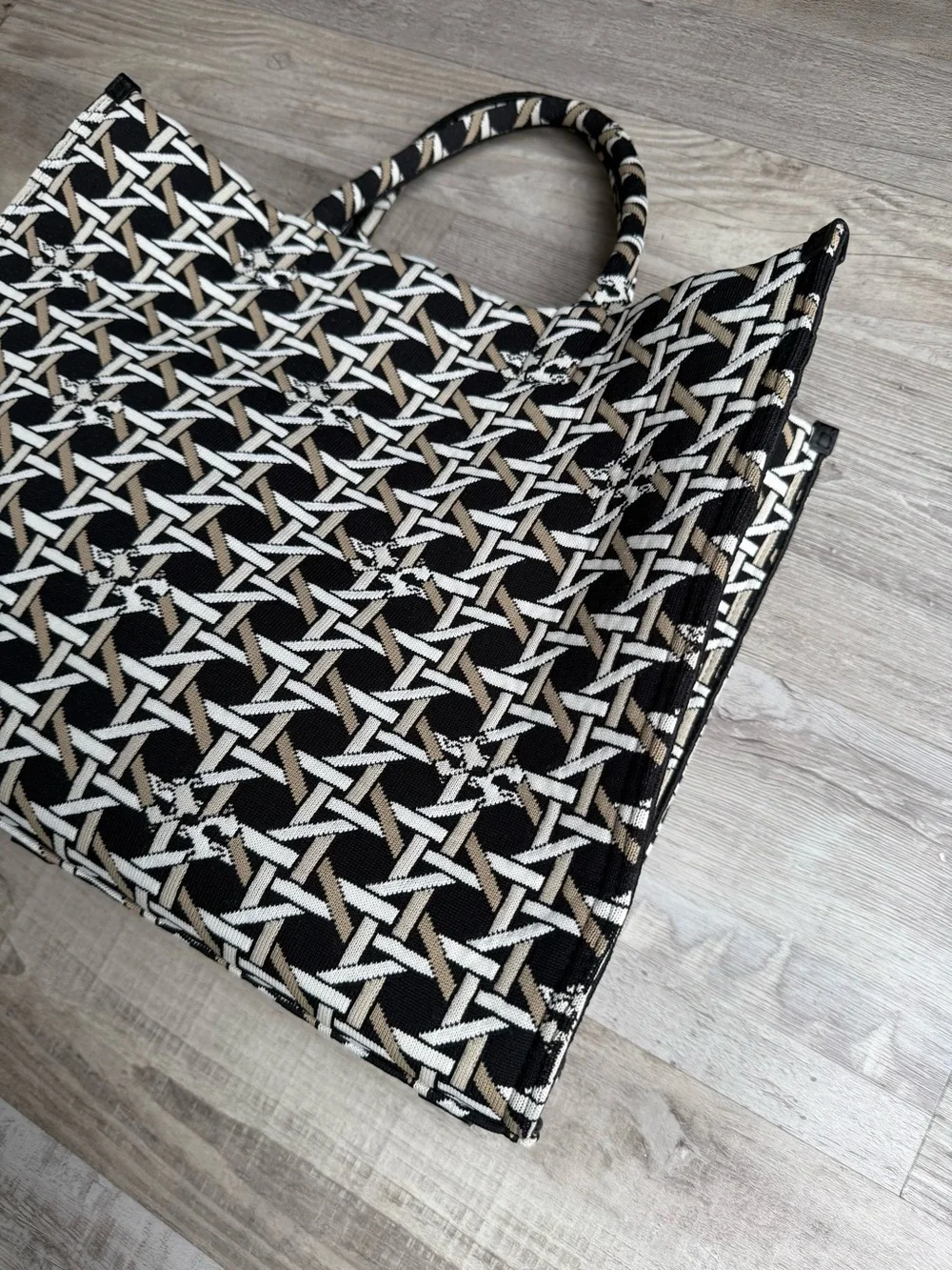 Tory Burch Ella Circular Knit Tote - Black, White and Tan